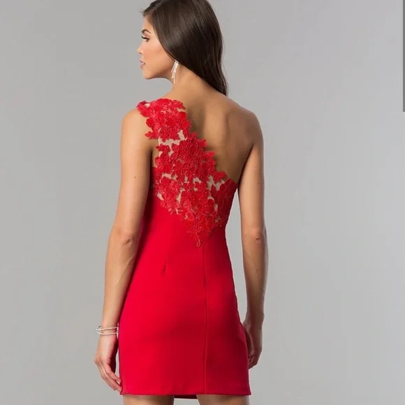 Dear Moon One Shoulder Dress with  Rhinestone-Embellished Floral-Lace Appliqué - Picture 4 of 8